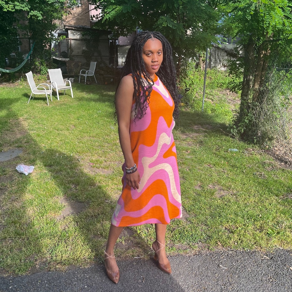 Wild Fable Sweater-Knit Midi Dress — Pink/Orange/Crème — Size L, Gently Worn